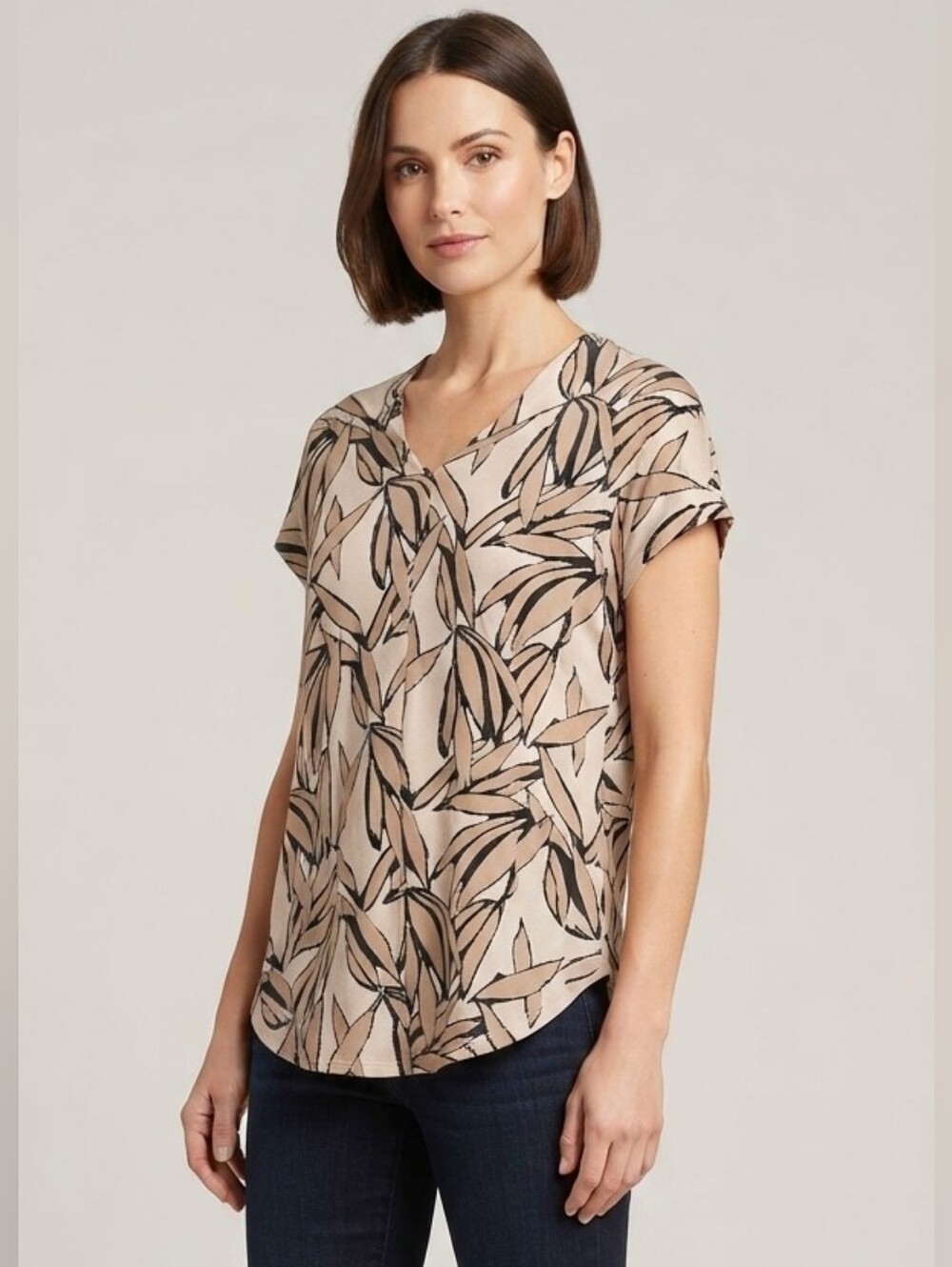 Soft Surroundings V-Neck Blouse Beige Black Leaf Print Cotton Modal Size Small
